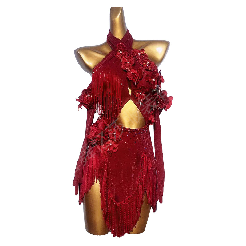 Ženska latinska plesna haljina s resicama — najlon 95%+, spandeks 90–95%, proljeće 2024, nacionalni standard plesa