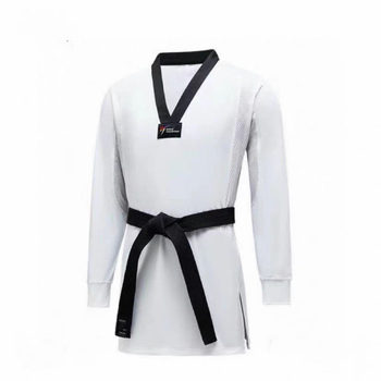 Taekwondo treniņu apģērbs ar četrviršu elastību, garas piedurknes top un garas bikses; Lycra–poliestera maisījums 84/16, pildījums poliesters ar 8% akrilu; bērniem un pieaugušajiem