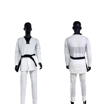 Taekwondo treniņu apģērbs ar četrviršu elastību, garas piedurknes top un garas bikses; Lycra–poliestera maisījums 84/16, pildījums poliesters ar 8% akrilu; bērniem un pieaugušajiem