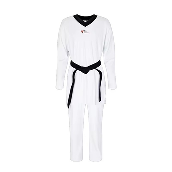 Pielāgota Taekwondo forma ar logotipu, augsta elastība, ciešs griezums, ātri žūstošs audums, vīriešiem, sievietēm un bērniem; Nailons 82% audums; Ieklājums kokvilnas maisījumā ar 18% Spandex; Ātri žūst; Taekwondo; tolerances 2 cm