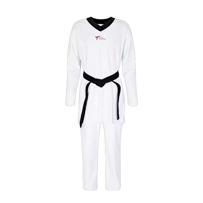 Pielāgota Taekwondo forma ar logotipu, augsta elastība, ciešs griezums, ātri žūstošs audums, vīriešiem, sievietēm un bērniem; Nailons 82% audums; Ieklājums kokvilnas maisījumā ar 18% Spandex; Ātri žūst; Taekwondo; tolerances 2 cm