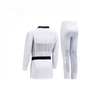Taekwondo uniforma bērniem un pieaugušajiem — četrvirzienu elastība (84/16 poliesters/Lycra), garas piedurknes top un garas bikses, iekšējā oderēšana no poliestera ar 8% akrila