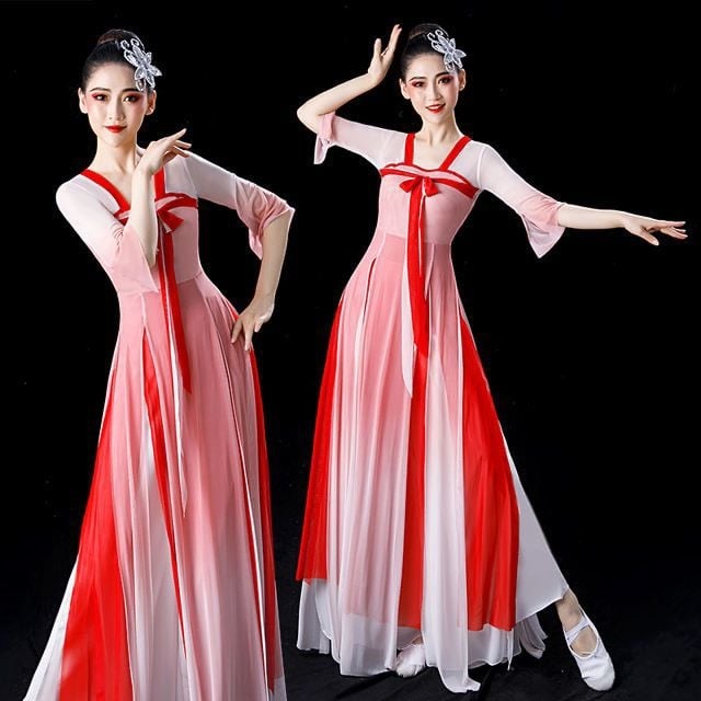Klasični plesni kostim za izvedbu - Ženski elegantan kineski stil za studijsku praksu, gradientni ples s fan plesom (Brand: Huaxia Ruibao; Spol: Ženski; Tkanina: Pamukova smjesa; Glavna tkanina: Poliester; Sezona: Ljeto 2024)