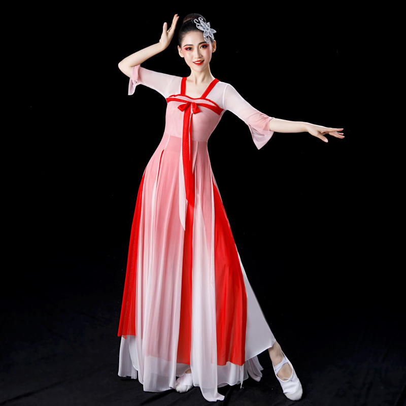 Klasični plesni kostim za izvedbu - Ženski elegantan kineski stil za studijsku praksu, gradientni ples s fan plesom (Brand: Huaxia Ruibao; Spol: Ženski; Tkanina: Pamukova smjesa; Glavna tkanina: Poliester; Sezona: Ljeto 2024)