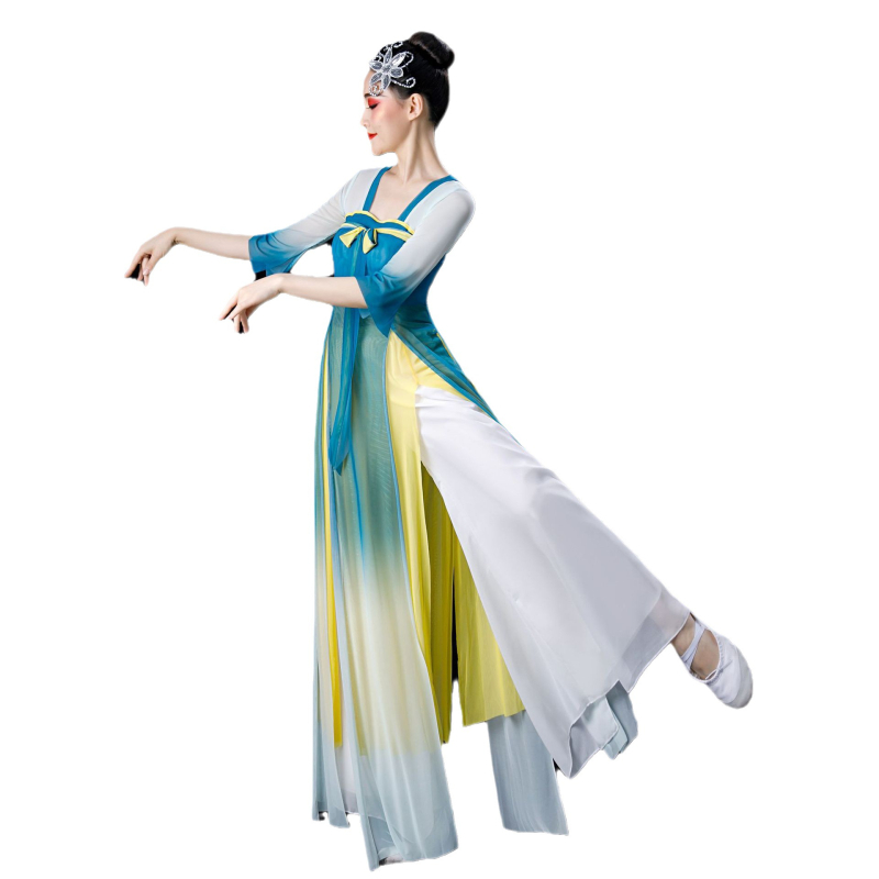 Klasični plesni kostim za izvedbu - Ženski elegantan kineski stil za studijsku praksu, gradientni ples s fan plesom (Brand: Huaxia Ruibao; Spol: Ženski; Tkanina: Pamukova smjesa; Glavna tkanina: Poliester; Sezona: Ljeto 2024)