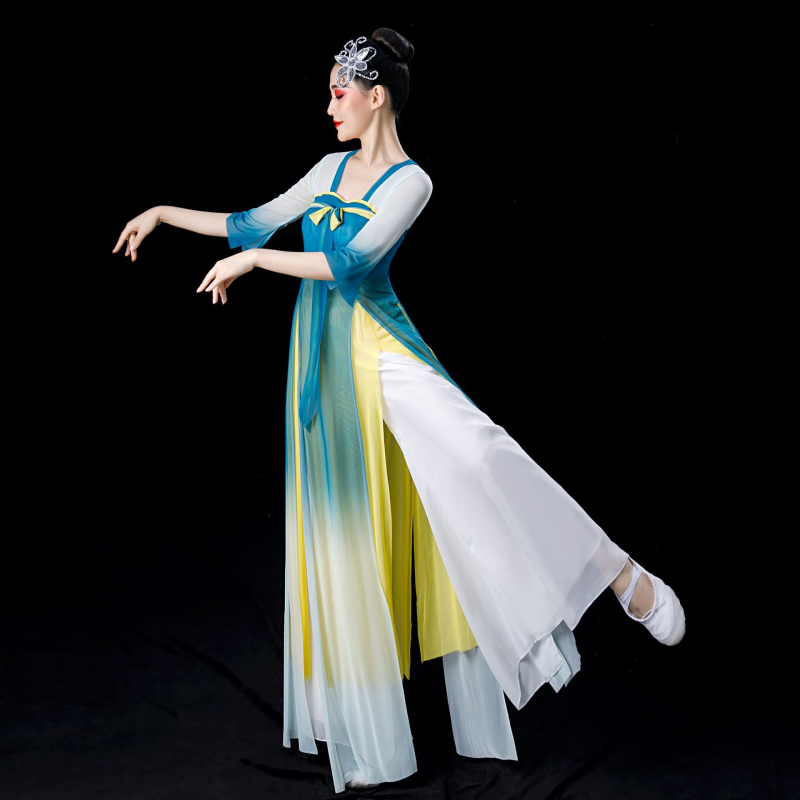 Klasični plesni kostim za izvedbu - Ženski elegantan kineski stil za studijsku praksu, gradientni ples s fan plesom (Brand: Huaxia Ruibao; Spol: Ženski; Tkanina: Pamukova smjesa; Glavna tkanina: Poliester; Sezona: Ljeto 2024)