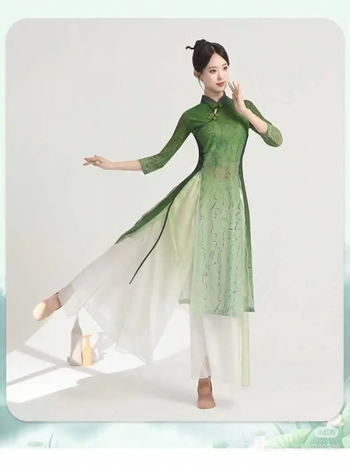 Ženski plesni set – Four-way Stretch poliester-spandeks, Green Lotus Bloom, model 2511, proljeće 2025, elegantan scenski kostim