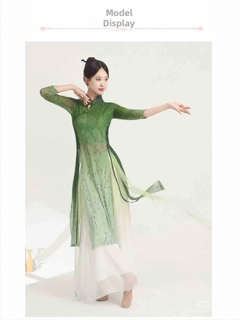 Ženski plesni set – Four-way Stretch poliester-spandeks, Green Lotus Bloom, model 2511, proljeće 2025, elegantan scenski kostim