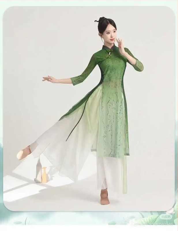 Ženski plesni set – Four-way Stretch poliester-spandeks, Green Lotus Bloom, model 2511, proljeće 2025, elegantan scenski kostim