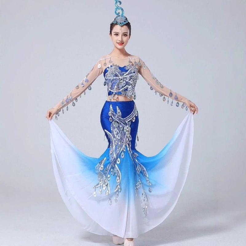 Dai etnički plesni kostim – ples pavog, Yunnan inspiriran, uski kroj, suknja s ribljim repom