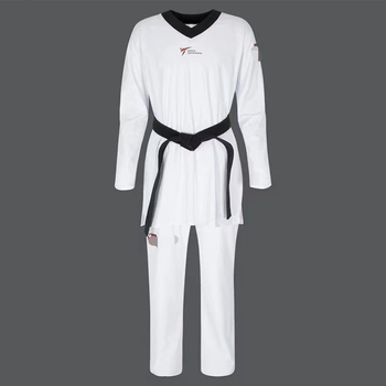 Taekwondo uniforma ar garām piedurknēm un bikšu, četrvirzienu elastīgs poliestera audums, poliestera oderējums ar akrila iekšpusi; universāls gan bērniem, gan pieaugušajiem