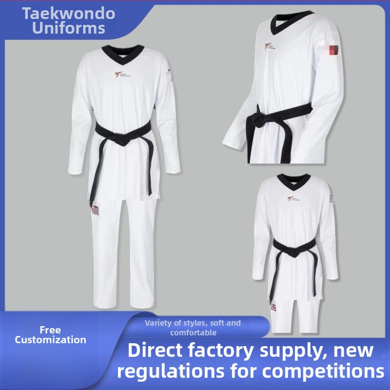 Taekwondo uniforma ar garām piedurknēm un bikšu, četrvirzienu elastīgs poliestera audums, poliestera oderējums ar akrila iekšpusi; universāls gan bērniem, gan pieaugušajiem