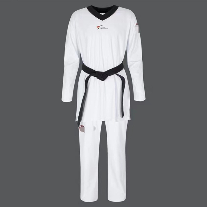 Taekwondo uniforma ar garām piedurknēm un bikšu, četrvirzienu elastīgs poliestera audums, poliestera oderējums ar akrila iekšpusi; universāls gan bērniem, gan pieaugušajiem