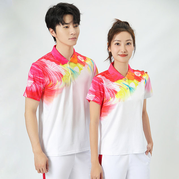 Unisex īsām piedurknēm sporta kostīms ar reversa kaklu, drukas raksts, 95% poliesters, piemērots vasarai un pavasarim un visām sezonām, piemērots grupu priekšnesumiem un deju treniņiem