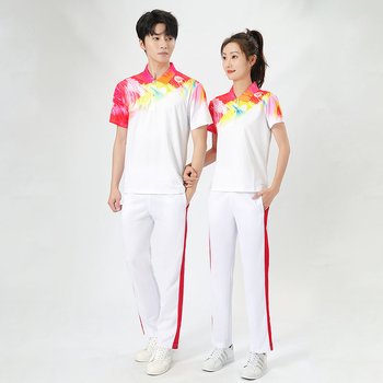 Unisex īsām piedurknēm sporta kostīms ar reversa kaklu, drukas raksts, 95% poliesters, piemērots vasarai un pavasarim un visām sezonām, piemērots grupu priekšnesumiem un deju treniņiem