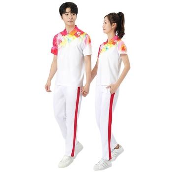 Unisex īsām piedurknēm sporta kostīms ar reversa kaklu, drukas raksts, 95% poliesters, piemērots vasarai un pavasarim un visām sezonām, piemērots grupu priekšnesumiem un deju treniņiem