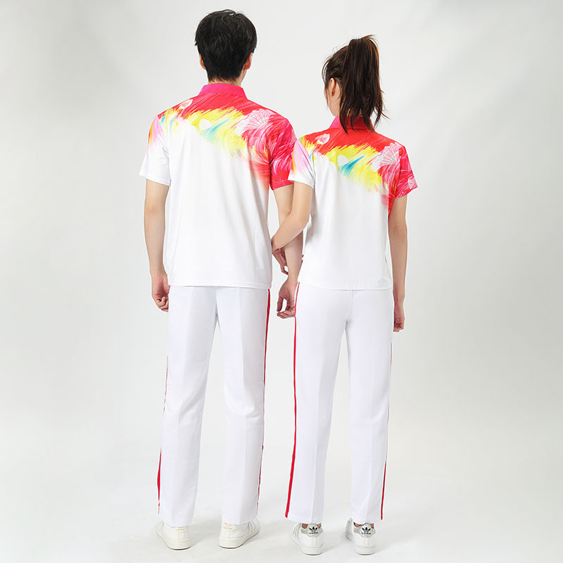 Unisex īsām piedurknēm sporta kostīms ar reversa kaklu, drukas raksts, 95% poliesters, piemērots vasarai un pavasarim un visām sezonām, piemērots grupu priekšnesumiem un deju treniņiem