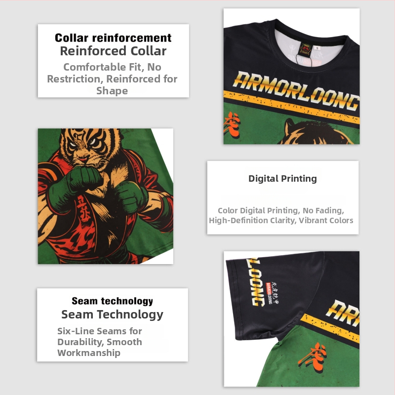 MMA/Jiu‑Jitsu/Muay Thai treniņkomplekts — izdrukāts, ātri žūstošs poliesters, universāls, īsām piedurknēm, apaļa kakla, piemērots visām sezonām