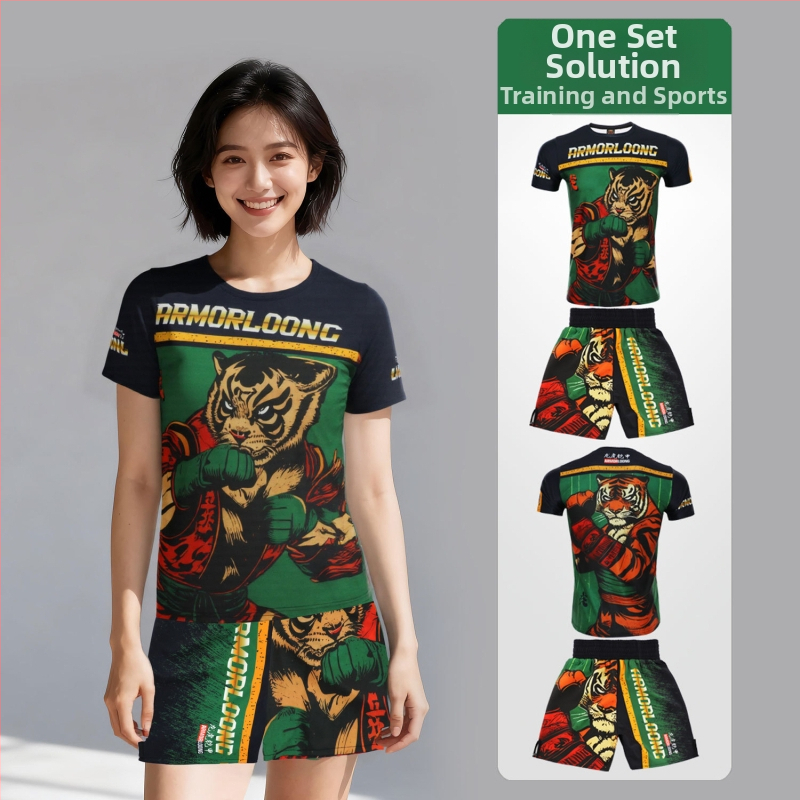 MMA/Jiu‑Jitsu/Muay Thai treniņkomplekts — izdrukāts, ātri žūstošs poliesters, universāls, īsām piedurknēm, apaļa kakla, piemērots visām sezonām