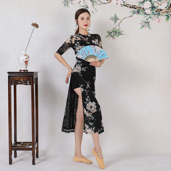 Rochie de dans în stil chinezesc, pentru spectacole pe scenă, cu dantelă imprimată pe material elastan, 70–80% elastan, pentru femei, primăvara 2021