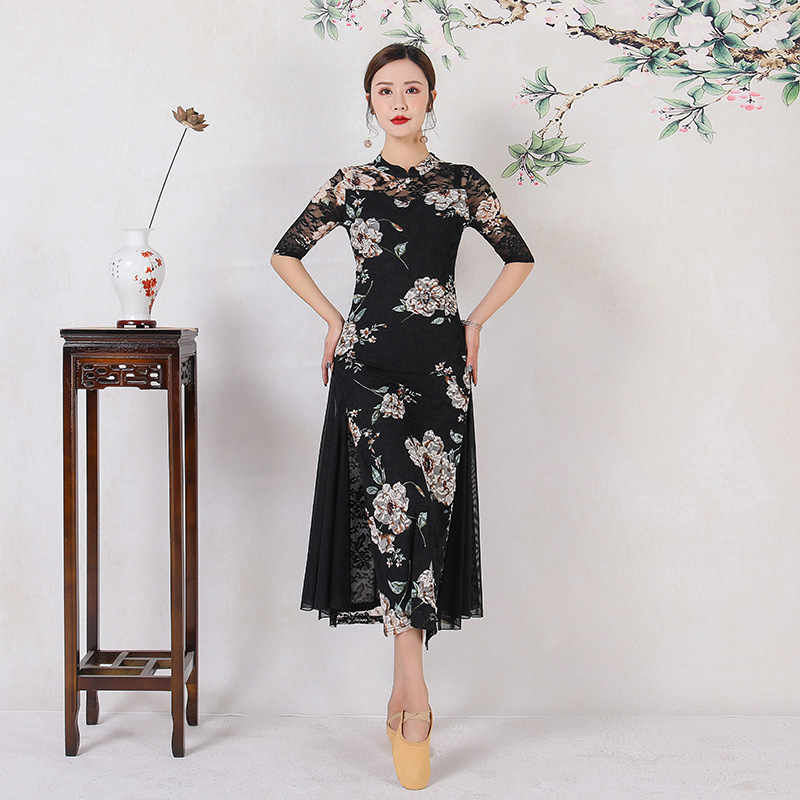 Rochie de dans în stil chinezesc, pentru spectacole pe scenă, cu dantelă imprimată pe material elastan, 70–80% elastan, pentru femei, primăvara 2021