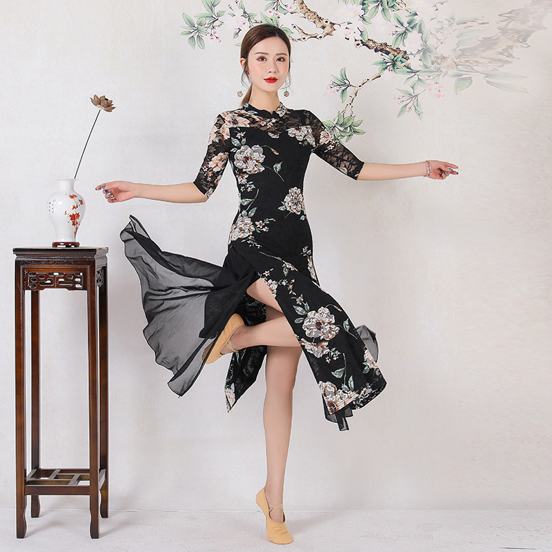 Rochie de dans în stil chinezesc, pentru spectacole pe scenă, cu dantelă imprimată pe material elastan, 70–80% elastan, pentru femei, primăvara 2021