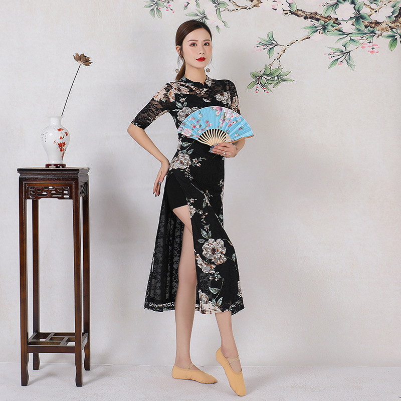 Rochie de dans în stil chinezesc, pentru spectacole pe scenă, cu dantelă imprimată pe material elastan, 70–80% elastan, pentru femei, primăvara 2021