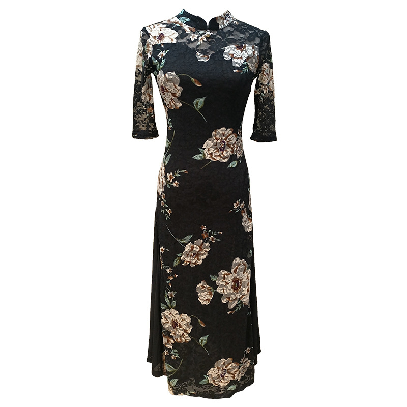 Rochie de dans în stil chinezesc, pentru spectacole pe scenă, cu dantelă imprimată pe material elastan, 70–80% elastan, pentru femei, primăvara 2021