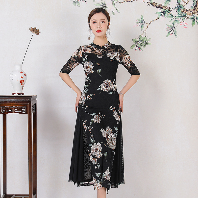 Rochie de dans în stil chinezesc, pentru spectacole pe scenă, cu dantelă imprimată pe material elastan, 70–80% elastan, pentru femei, primăvara 2021