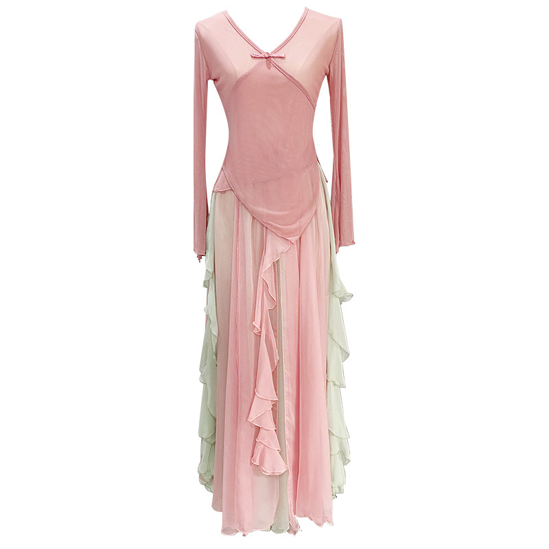 Női klasszikus kínai táncruha szett – mesh + tencel anyag, Spandex 50–70%, Belly Dance előadás, 2025 tavasz megjelenés