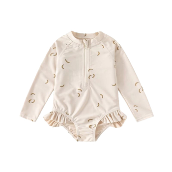 Детски цял бански с дълъг ръкав за момичета, корейски стил флорална шарка и висока еластичност; външен материал найлон, подплата полиестер.