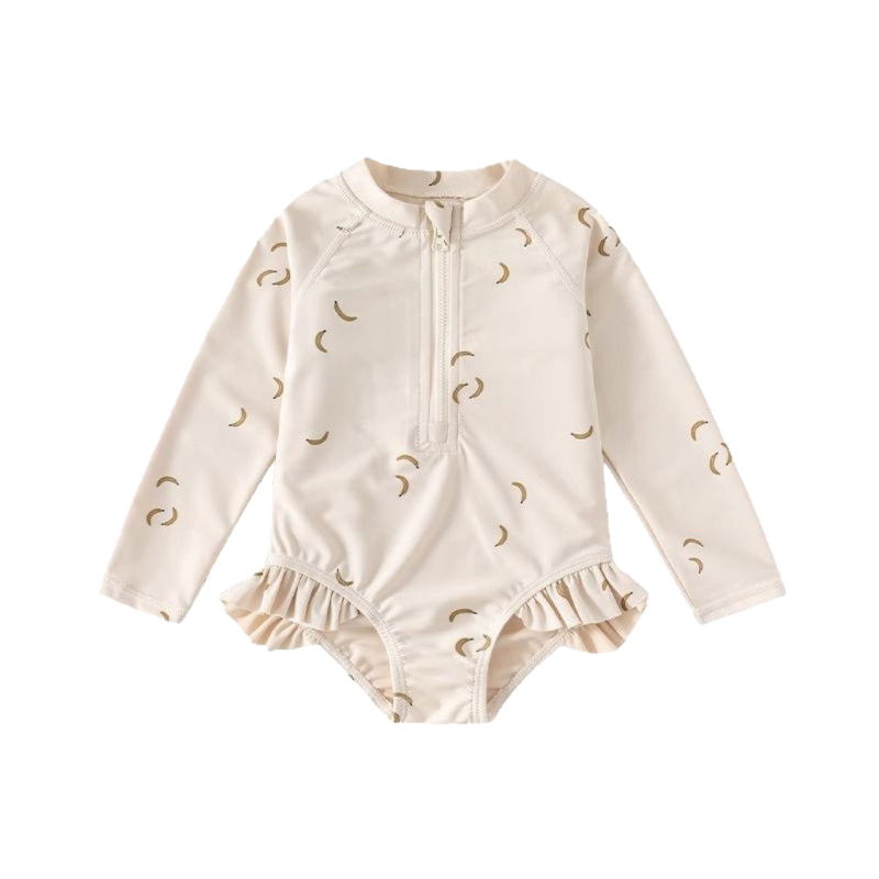 Детски цял бански с дълъг ръкав за момичета, корейски стил флорална шарка и висока еластичност; външен материал найлон, подплата полиестер.