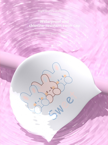 Шапка за плуване за жени – силиконова, водоустойчива, висока еластичност, за дълга коса, модел с карикатурен принт