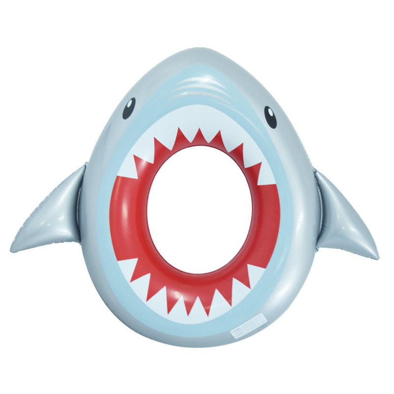 BBL Suaugusiųjų pripučiamas plaukimo žiedas su ryklės pelekų motyvu — ekologiškas PVC, karikatūrinis raštas, tinkamas plaukiojimui ir vandens vaikščiojimui