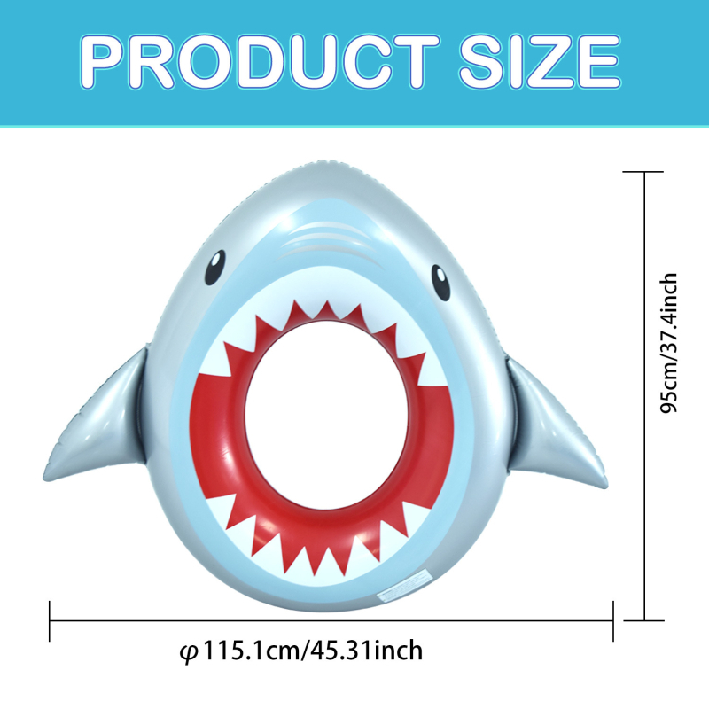 BBL Suaugusiųjų pripučiamas plaukimo žiedas su ryklės pelekų motyvu — ekologiškas PVC, karikatūrinis raštas, tinkamas plaukiojimui ir vandens vaikščiojimui