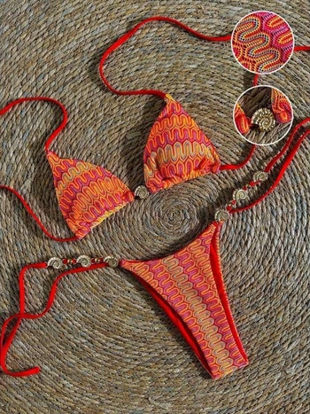 Ženski bikini kupaci kostim - etnički stil, seksi trake, metalni ukrasi - bez leđa, tijesni kroj; 82% poliester, 18% elastan; 250 g; s umjetkom za prsa