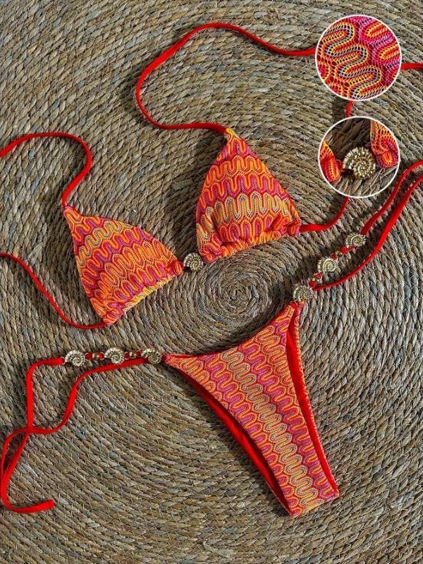 Ženski bikini kupaci kostim - etnički stil, seksi trake, metalni ukrasi - bez leđa, tijesni kroj; 82% poliester, 18% elastan; 250 g; s umjetkom za prsa