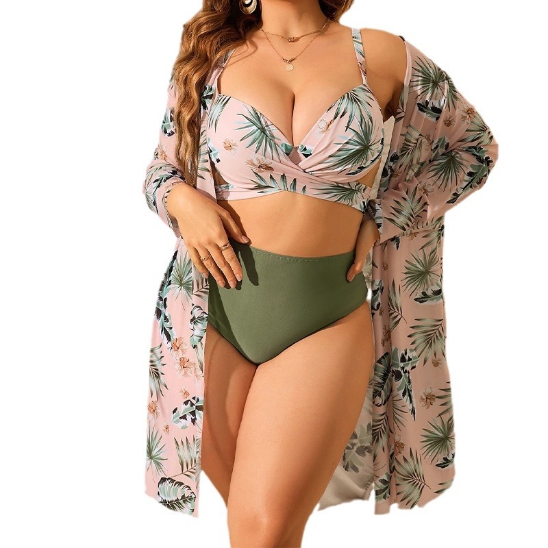 Trodijelni mrežasti bikini set s visokim strukom i cvjetnim uzorkom; košarice s podrškom i dodatnom; poliester 82% / spandeks 18%, gustoća tkanine 300 g/m2