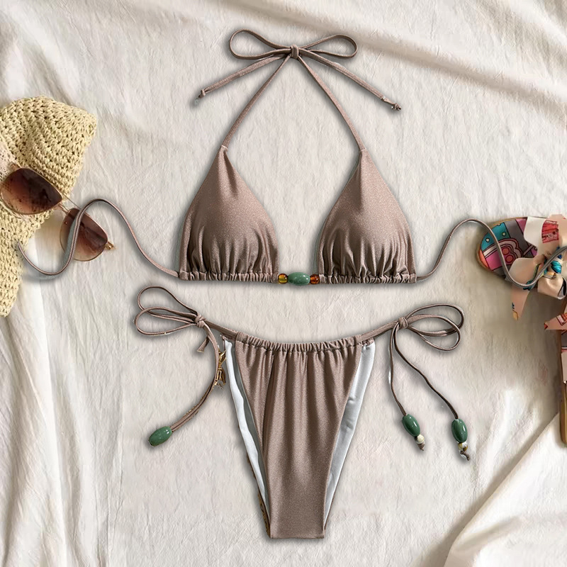 Ženski halterneck bikini kupaći kostim — jedne boje, s vezicama, s jastučićima za prsa, Najlon 80% / Spandeks 20%