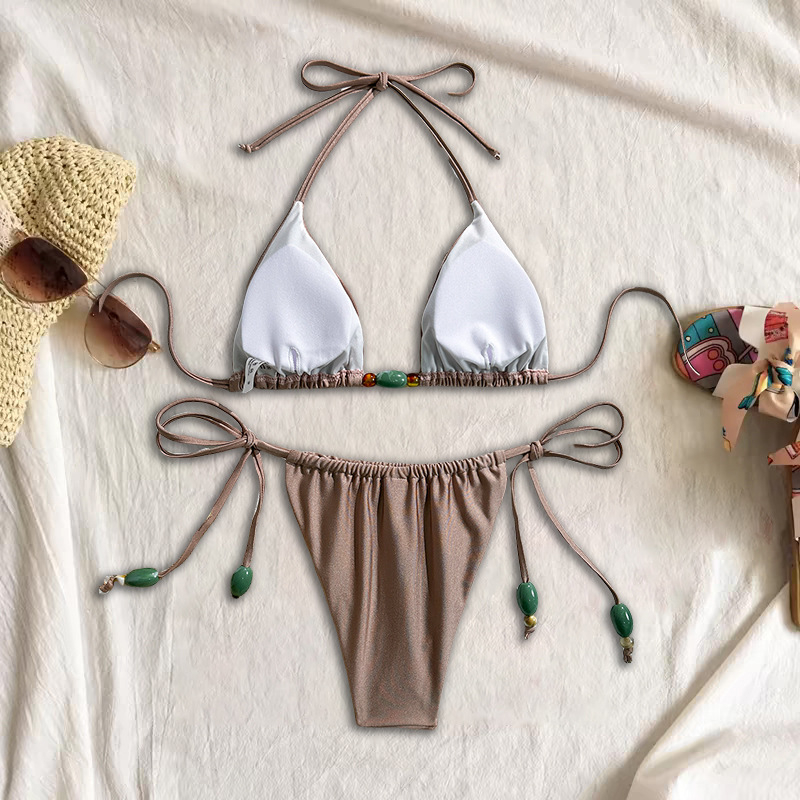 Ženski halterneck bikini kupaći kostim — jedne boje, s vezicama, s jastučićima za prsa, Najlon 80% / Spandeks 20%