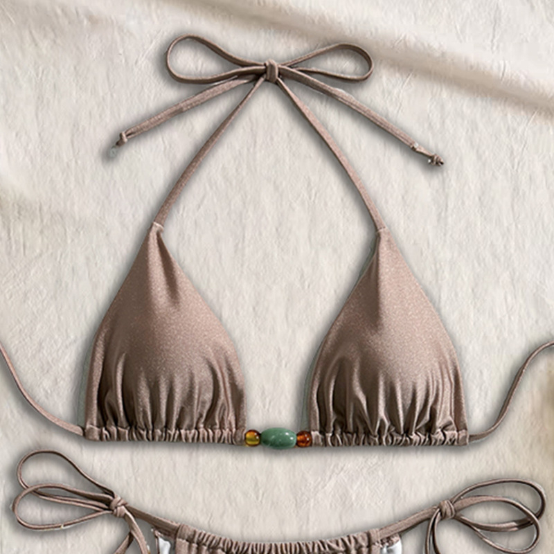 Ženski halterneck bikini kupaći kostim — jedne boje, s vezicama, s jastučićima za prsa, Najlon 80% / Spandeks 20%