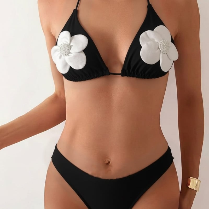 Costum de baie bikini feminin din două părți, model floral, halter, spate decupat, push-up, uscare rapidă, elasticitate înaltă