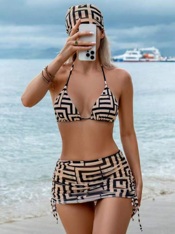 Costum de baie bikini imprimat pentru femei – fără bretele, cu șnur reglabil, bureți pentru bust, țesătură cu elasticitate ridicată, poliester 82%, căptușeală spandex 18%