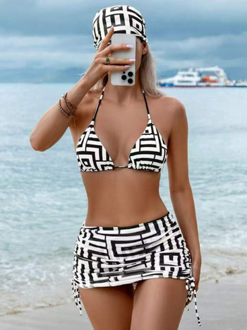 Costum de baie bikini imprimat pentru femei – fără bretele, cu șnur reglabil, bureți pentru bust, țesătură cu elasticitate ridicată, poliester 82%, căptușeală spandex 18%