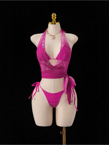 Ženski halter kupaći kostim s izrezima i vezicama, pokrivalo bikini s kratkom suknjom, četverodijelni komplet za plažu od najlona i elastana