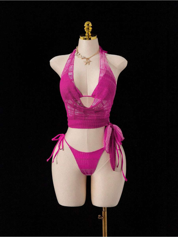 Ženski halter kupaći kostim s izrezima i vezicama, pokrivalo bikini s kratkom suknjom, četverodijelni komplet za plažu od najlona i elastana