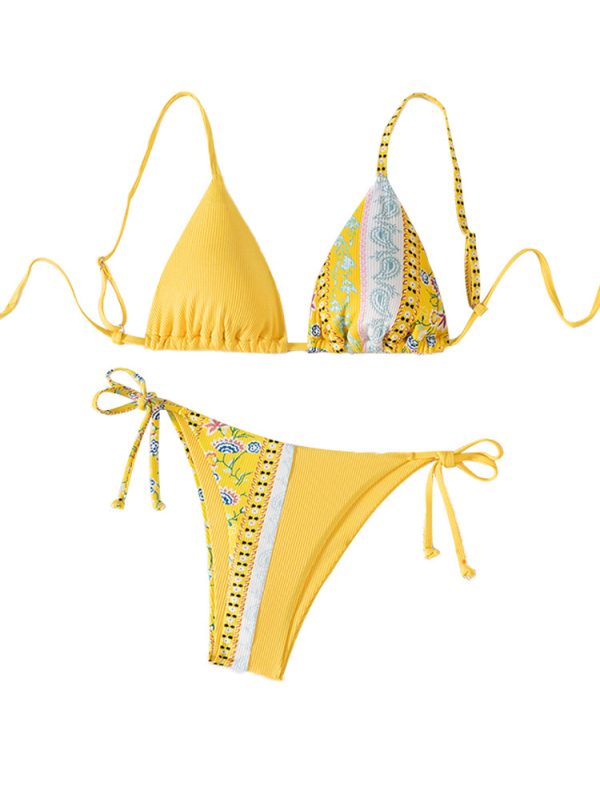 Bikini din două părți cu imprimeu floral, cu bureți la cupă, uscare rapidă, spate deschis, elasticitate înaltă