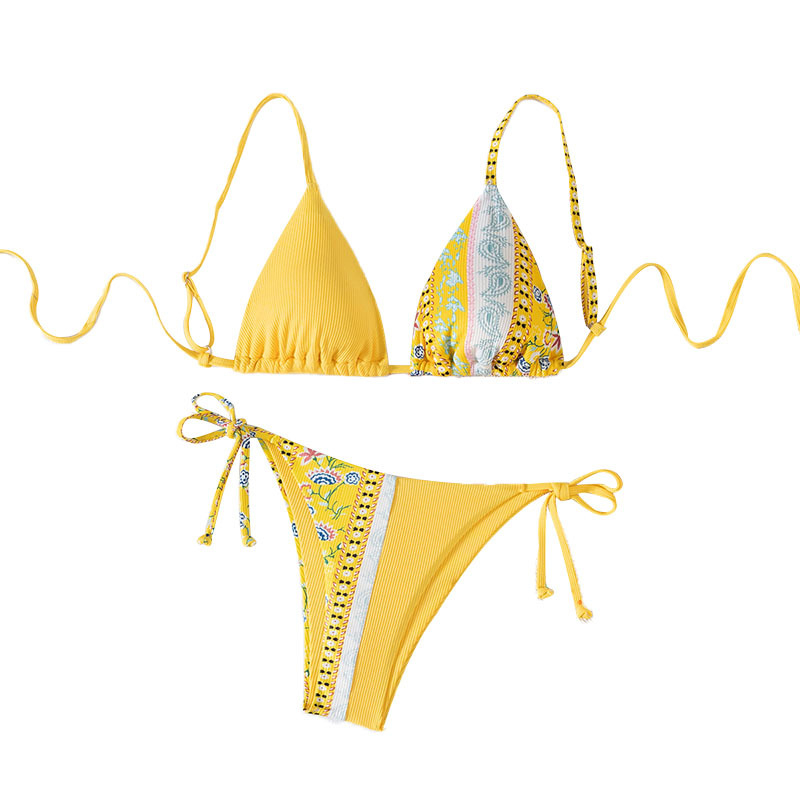 Bikini din două părți cu imprimeu floral, cu bureți la cupă, uscare rapidă, spate deschis, elasticitate înaltă