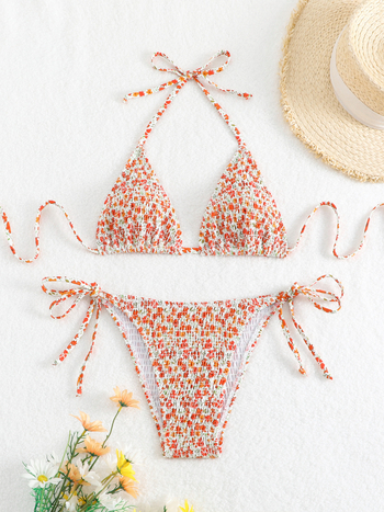 Ženski dvodjelni bikini set s otiskom i vezanjem, poliester 82%, podstava od elastana 18%, punjene košarice