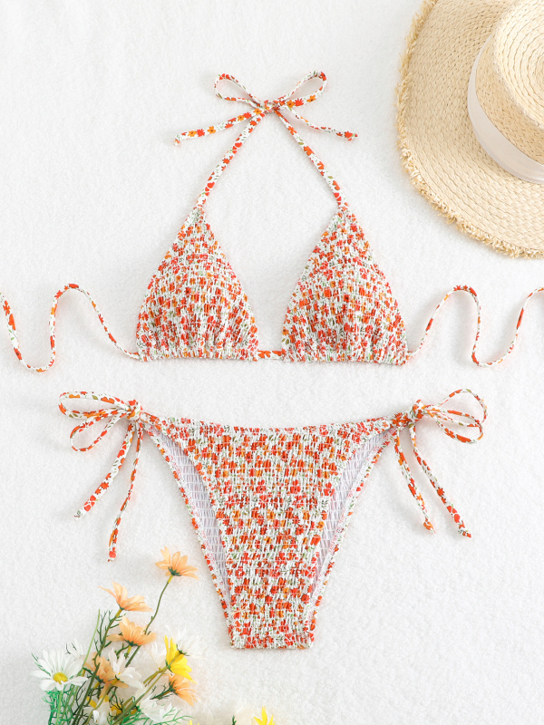 Ženski dvodjelni bikini set s otiskom i vezanjem, poliester 82%, podstava od elastana 18%, punjene košarice